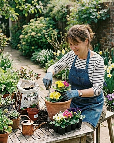 Jardin wallon au mois d'avril avec outils de jardinage posés sur la terre fraîchement travaillée